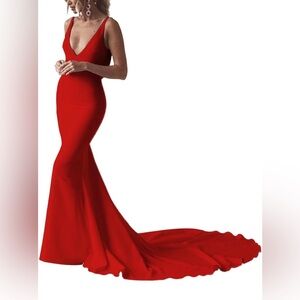 Satin V-Neck Spaghetti Straps Mermaid Formal Evening Dress with Train